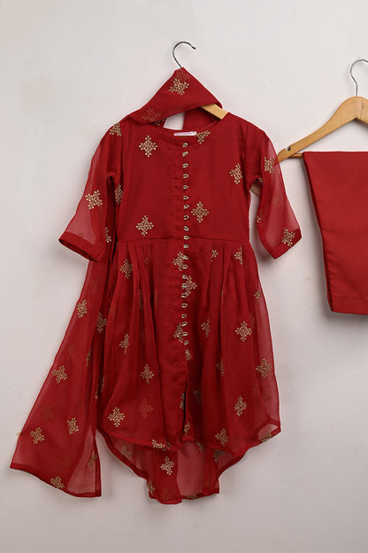 TKF-101-Red - Kids 3Pc Chiffon Embroidered Frock