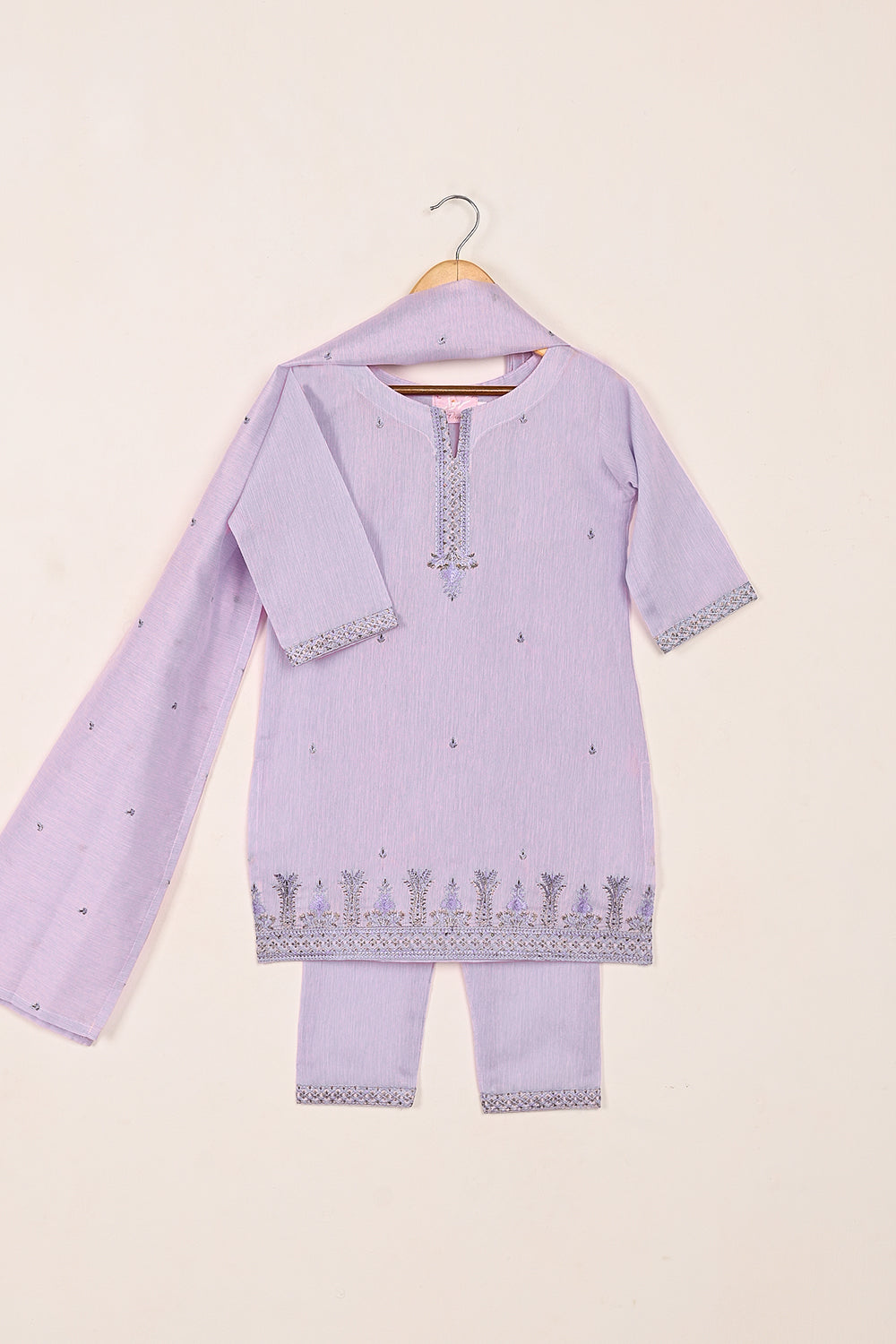 TKF-140-Purple - Kids 3Pc Ready to Wear Embroidered Paper Cotton Slub Dress