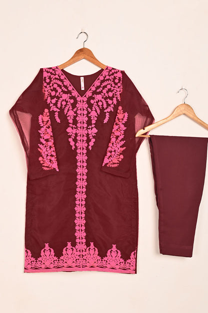 STP-064E-Maroon - 2PC READY TO WEAR PREMIUM EMBROIDERED ORGANZA