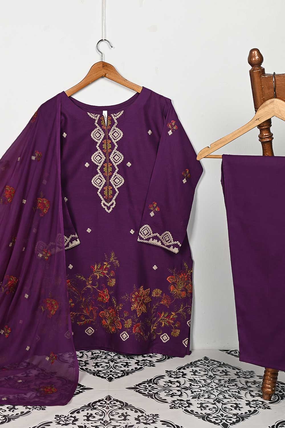 3SP-9B-Purple - 3PC COTTON EMBROIDERED Dress With Chiffon Embroidered Dupatta