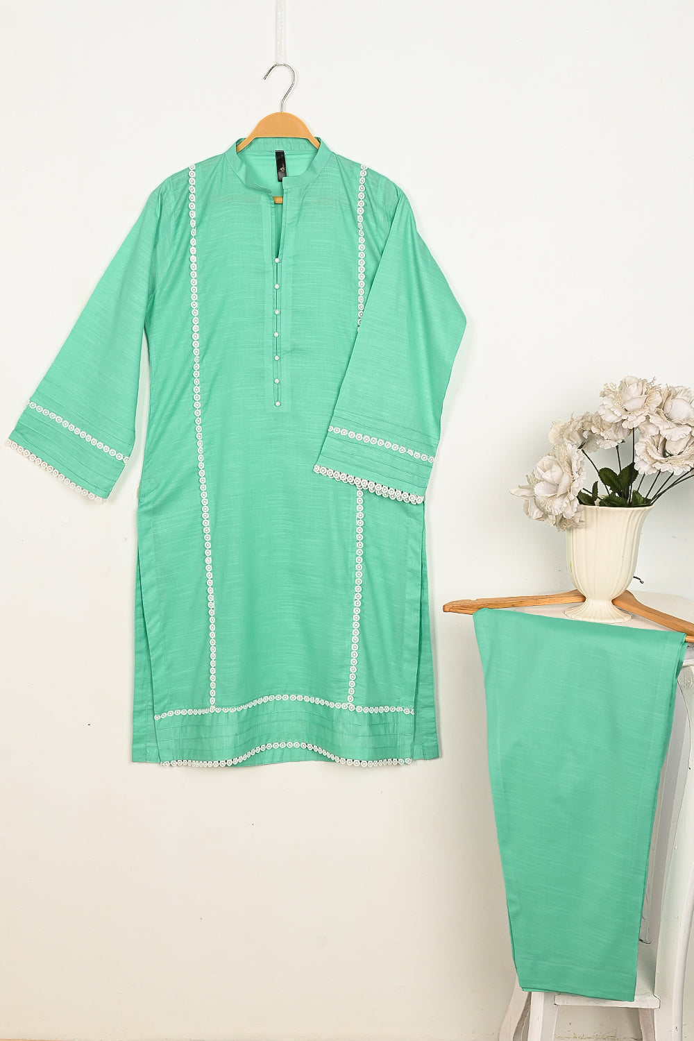 LSTP-1A-Sea green - 2Pc Ready to Wear Lawn Slub Dress