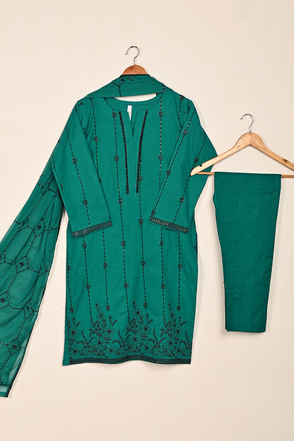 3SP-20B-Green - 3PC COTTON EMBROIDERED Dress With Chiffon Embroidered Dupatta