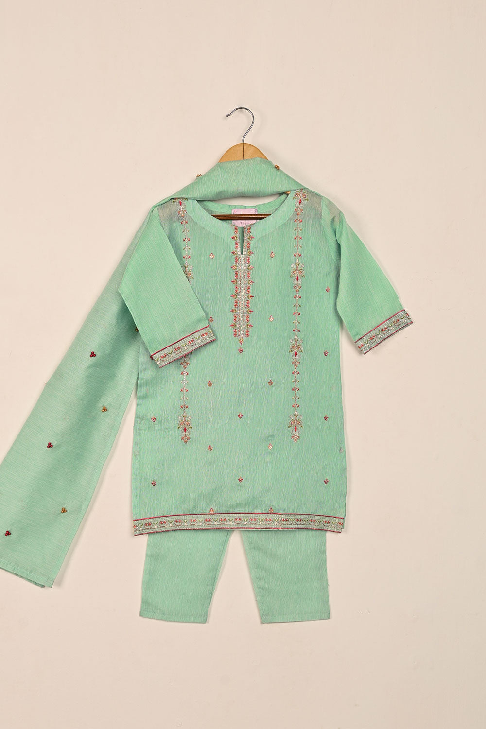 TKF-134-Sea Green - Kids 3Pc Ready to Wear Embroidered Slub Cotton Dress