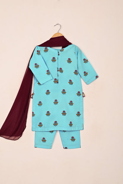 TKF-189-Sky Blue - Kids 3Pc Ready to Wear Silk Printed Dress