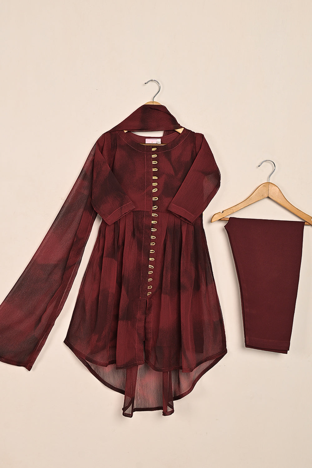 TKF-137-Maroon - Kids 3Pc Chiffon Ready to Wear Frock