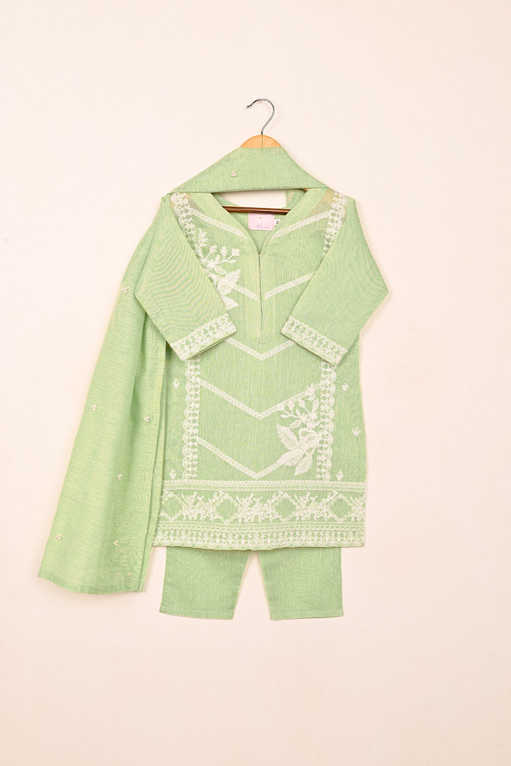 TKF-161-Pista - Kids 3Pc Ready to Wear Embroidered Poly Slub Dress