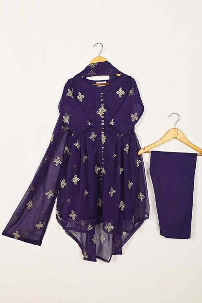 TKF-93-Purple - Kids 3Pc Chiffon Embroidered Frock