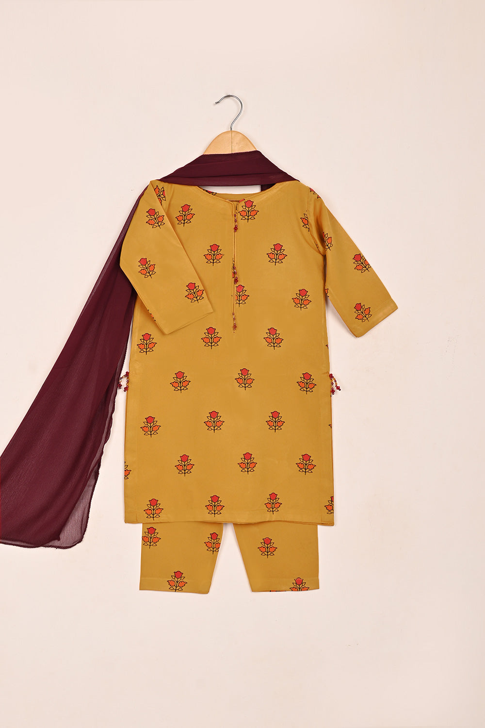 TKF-187-Mustard  - Kids 3Pc Ready to Wear Silk Printed Dress