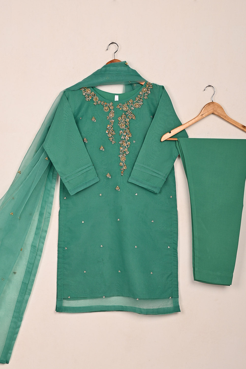 RTW-237-Sea Green - 3Pc Ready to Wear Embroidered Premium Adda Work Organza Dress