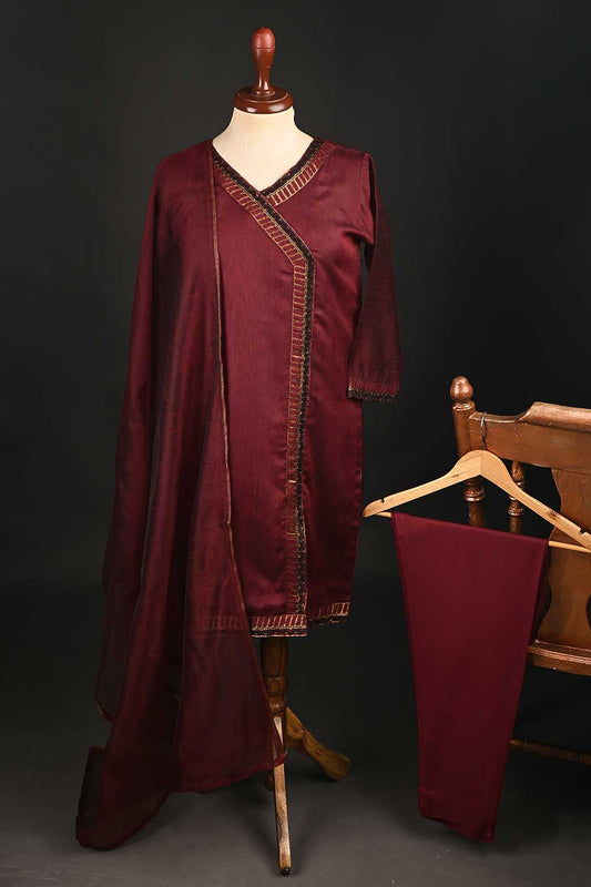 RTW-154-Maroon - 3Pc Stitched Khaadi Net Embroidered Dress