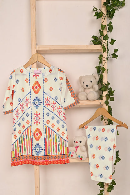 TKF-281-Off White - Kids 2Pc Ready to Wear Digital Printed Cotton Dress