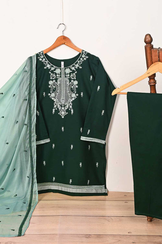 3SP-16B-Green - 3PC COTTON EMBROIDERED Dress With Chiffon Embroidered Dupatta