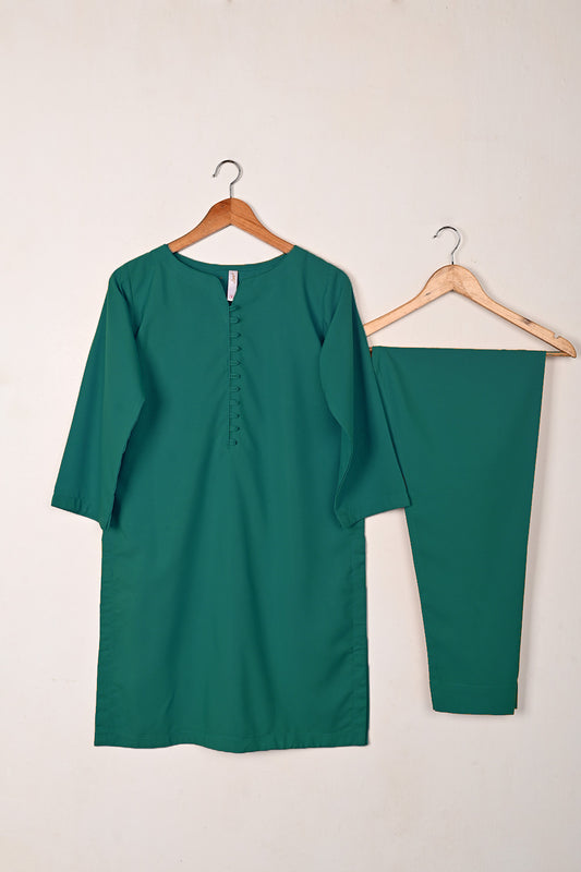 STP-235F-Dull Green - 2Pc Ready to Wear Malai Solid Dress