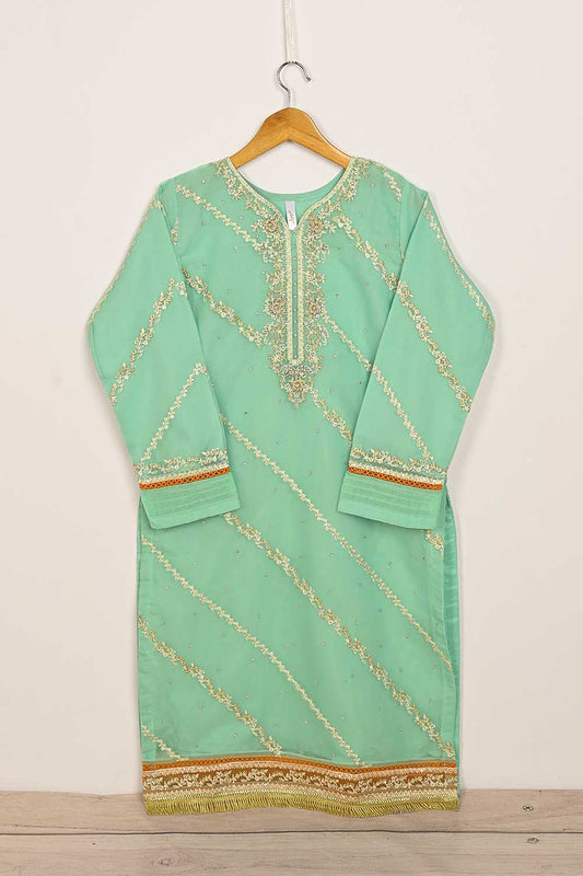 TS-236-Sea Green - Organza Embroidered Stitched Kurti