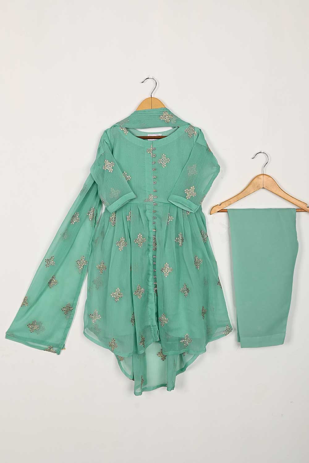 TKF-92-SeaGreen - Kids 3Pc Chiffon Embroidered Frock