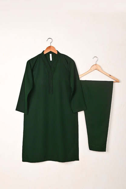 STP-258B-Bottle Green  - 2Pc Ready to Wear Malai Solid Dress