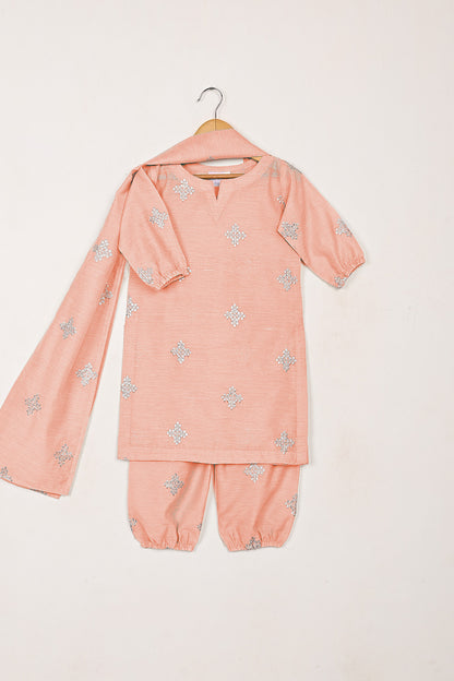 TKF-262-Peach - Kids 3Pc Paper Cotton Embroidered Dress