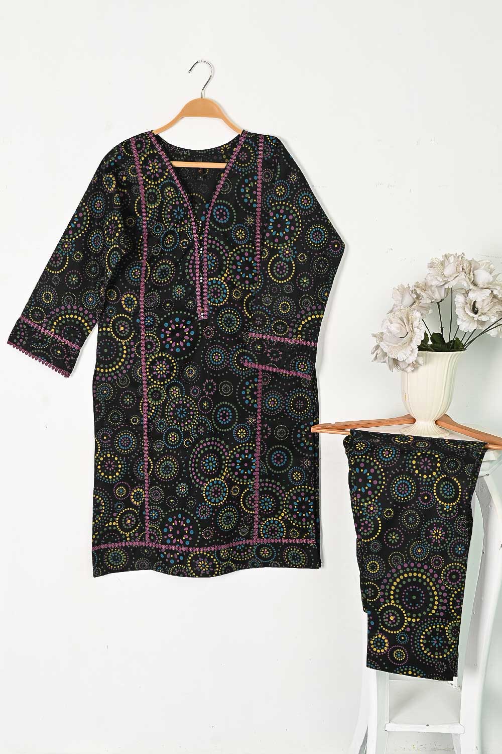 CPTP-8D-Black - 2Pc Ready to Wear Cotton Printed Co-Ord Dress