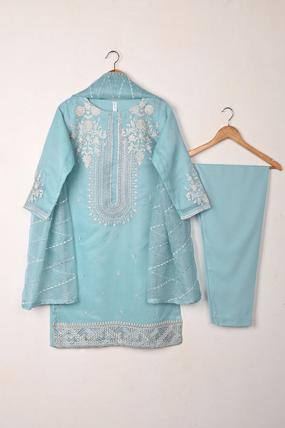 RTW-192-SkyBlue - 3Pc Ready to Wear 3Pc Javeria Net Embroidered  Dress