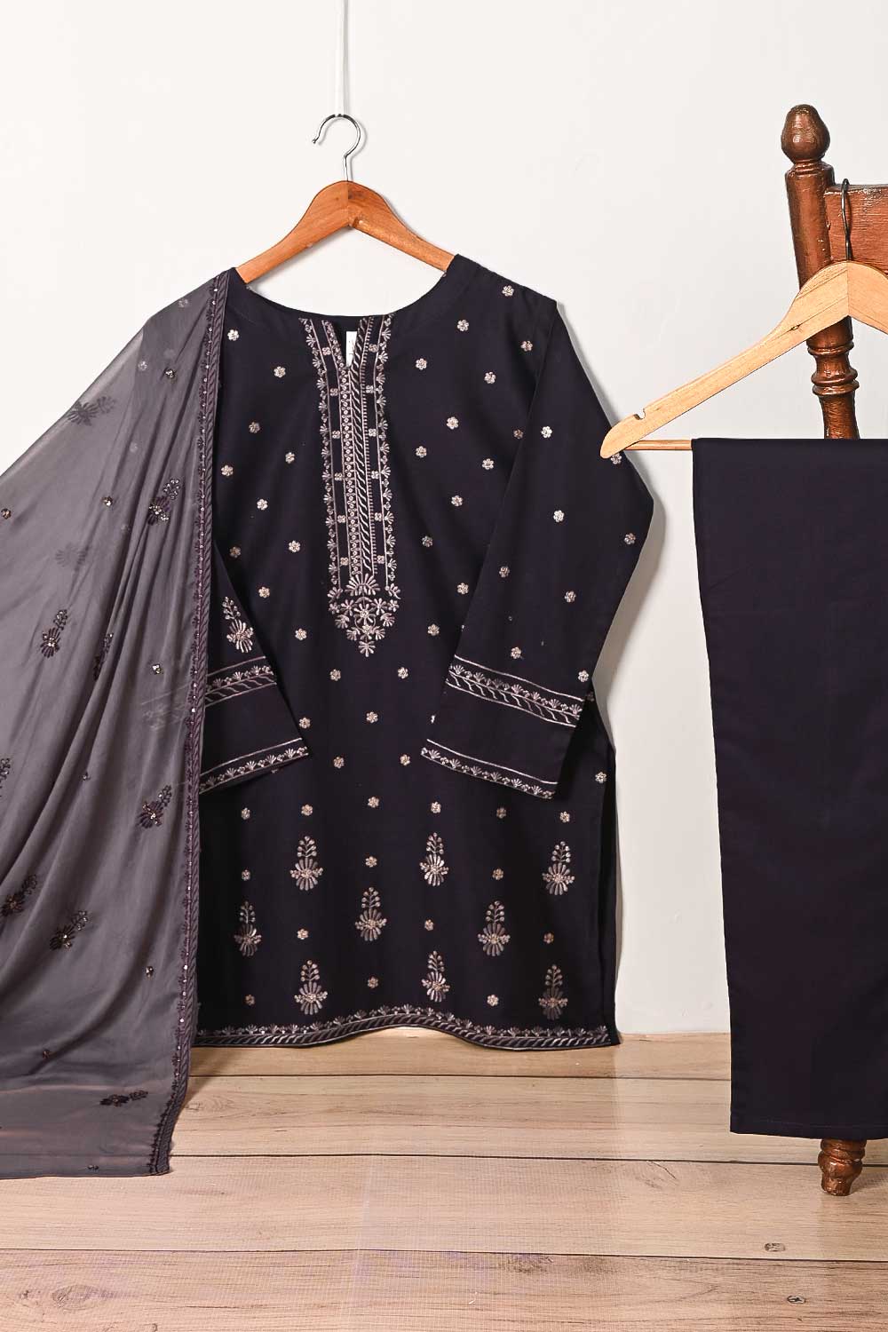 3SP-15B-DarkPurple - 3PC COTTON EMBROIDERED Dress With Chiffon Embroidered Dupatta