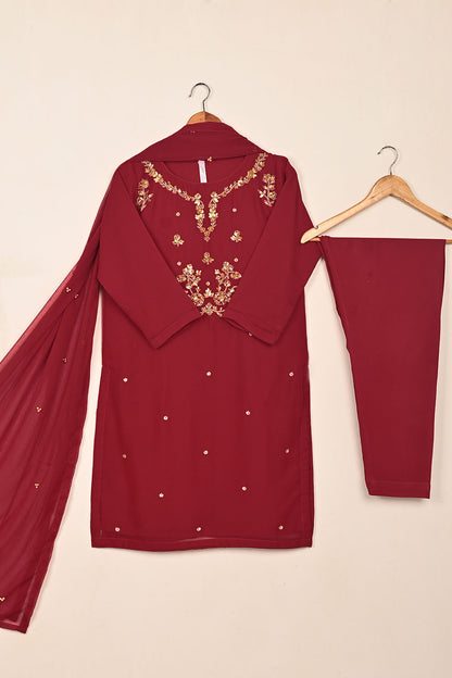 RTW-259-Red - 3Pc Ready to Wear Embroidered Adda Work Chiffon Dress