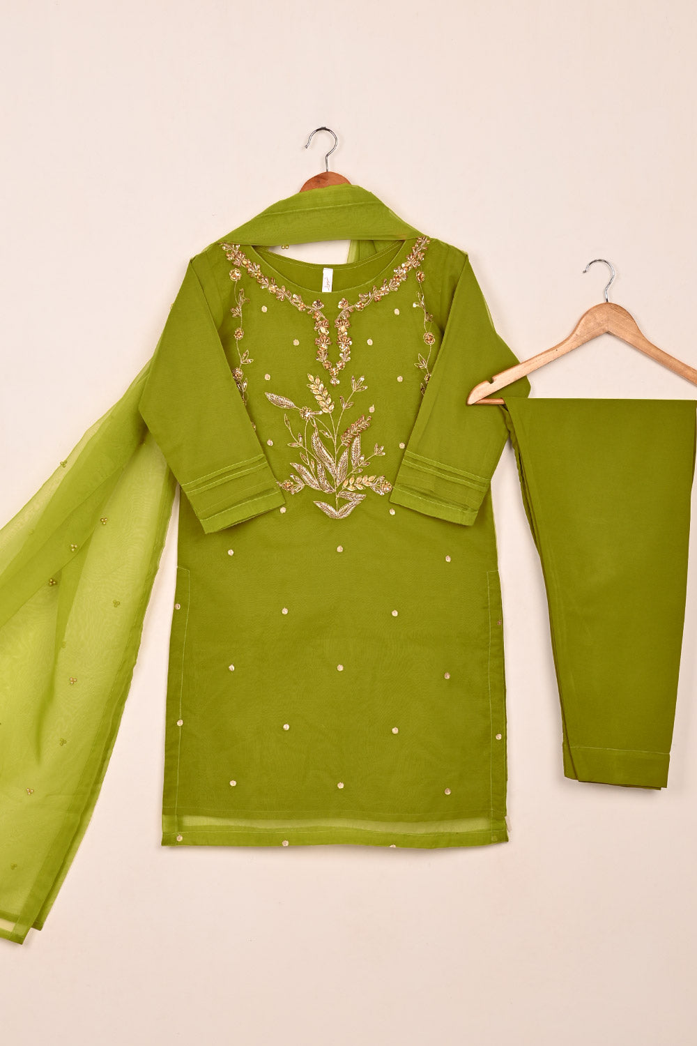 RTW-223-Mehndi - 3Pc Ready to Wear Embroidered Premium Adda Work Organza Dress