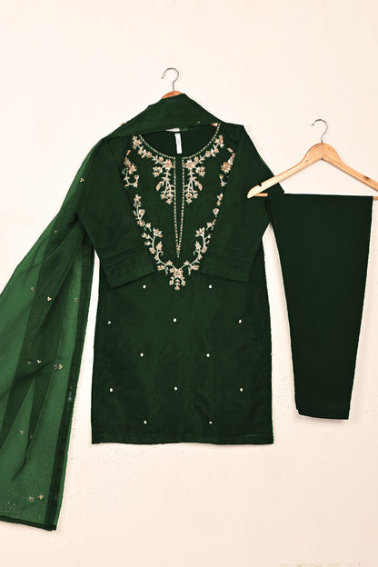 RTW-262-Bottle Green - 3Pc Ready to Wear Embroidered Premium Adda Work Organza Dress