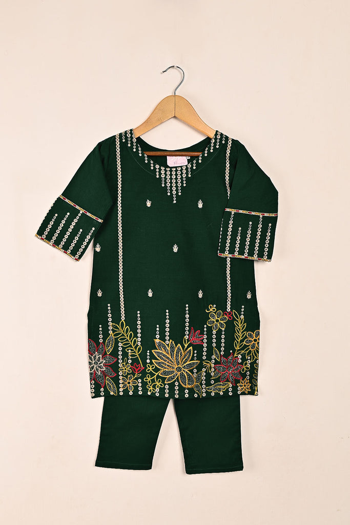 TKF-128-Green-Kids 2Pc Cambric Embroidered Dress