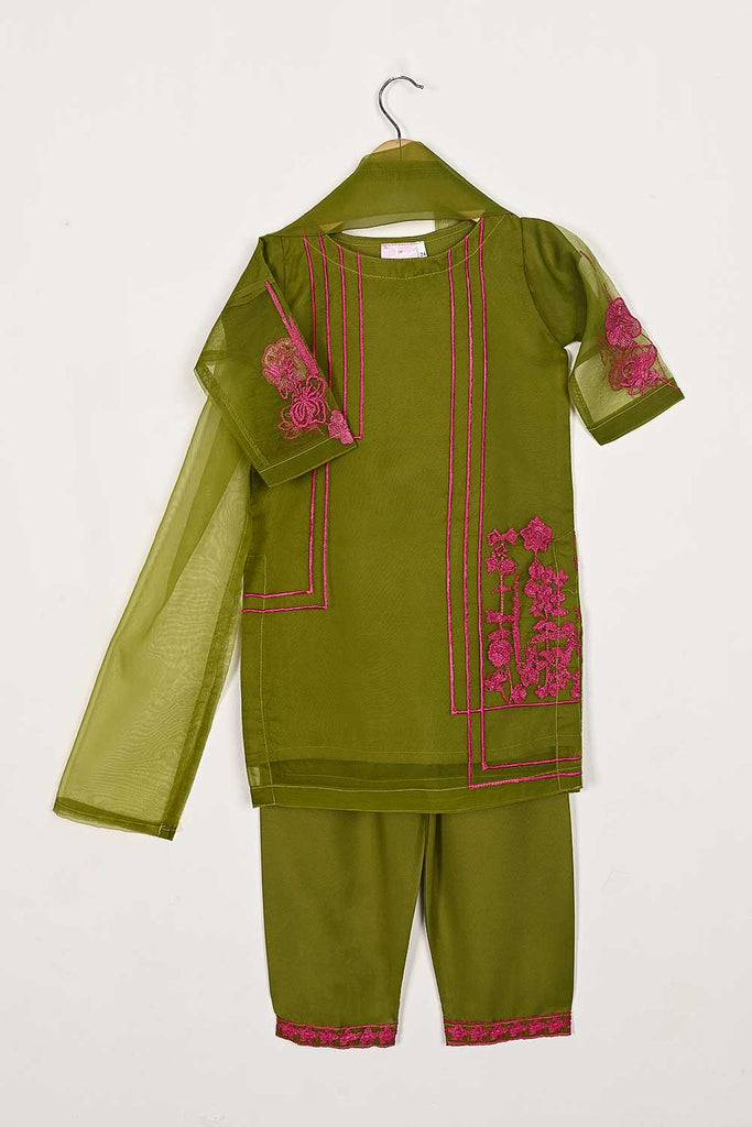 TKF-88-Moss - Kids 3Pc Organza Formal Embroidered Dress With Malai Trouser