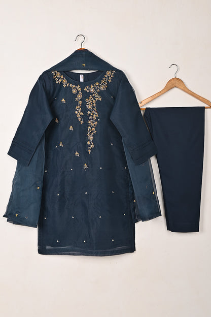 RTW-291-NavyBlue - 3Pc Ready to Wear Embroidered Premium Adda Work Organza Dress