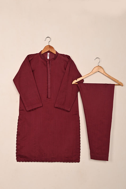 STP-214B-Maroon- 2Pc Ready to Wear Cotton Slub Solid Dress