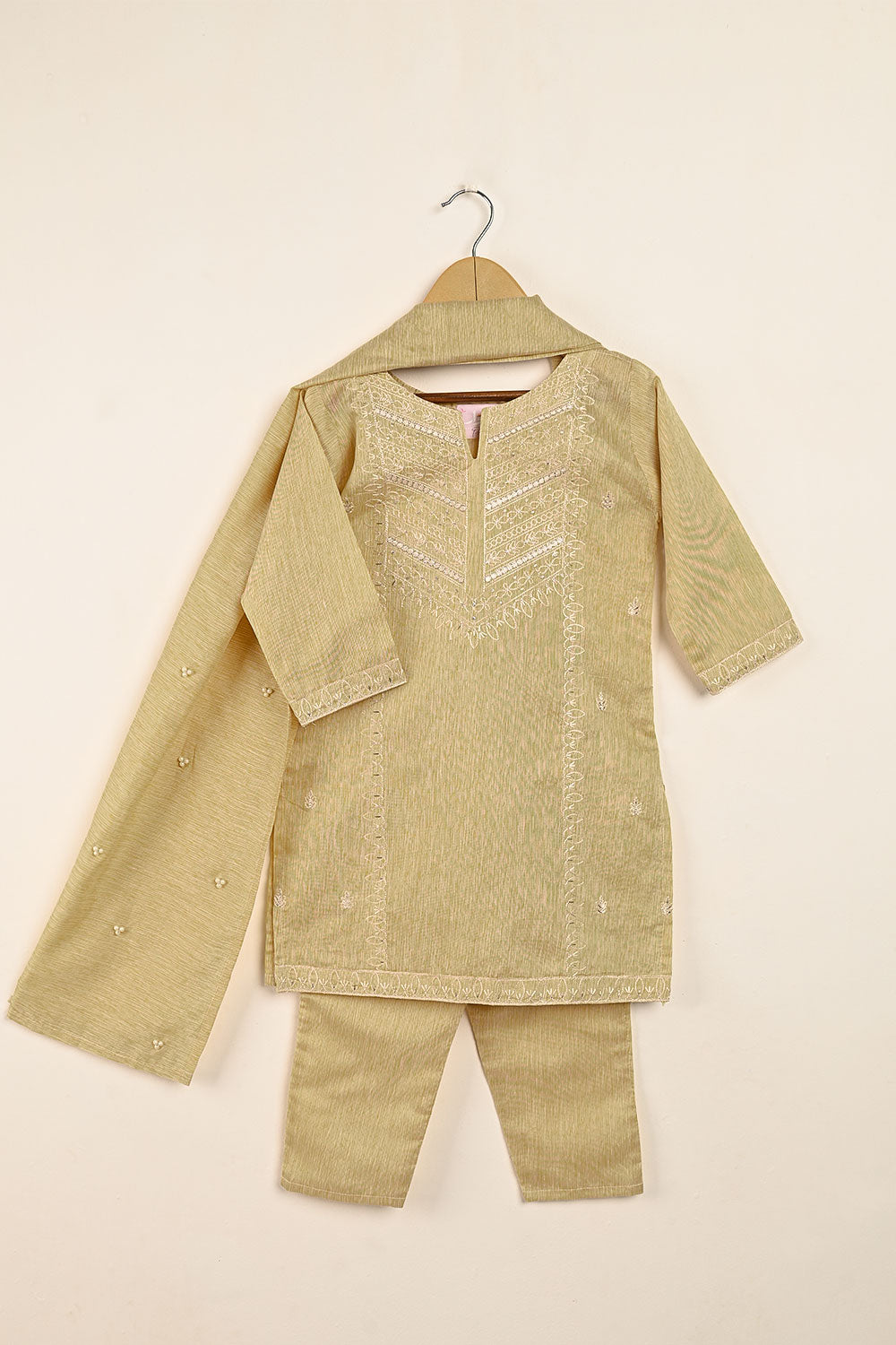 TKF-121-SKIN - Kids 3Pc Ready to Wear Embroidered Poly Slub Dress