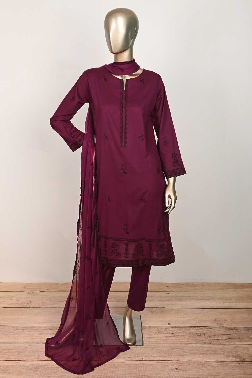 3SP-19A-Magenta - 3PC COTTON EMBROIDERED Dress With Chiffon Embroidered Dupatta