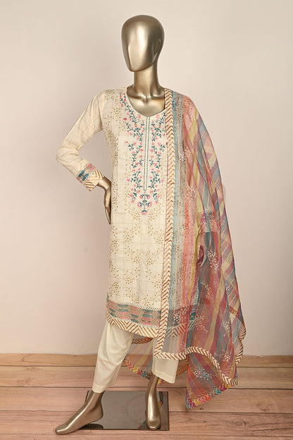 3SP-21B-Cream- 3PC COTTON EMBROIDERED Dress With Printed Organza Dupatta