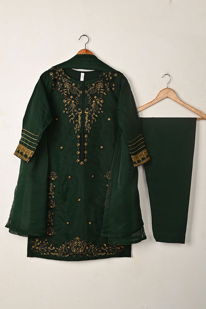 RTW-336-Bottle Green -  3Pc Ready to Wear Embroidered Organza Dress