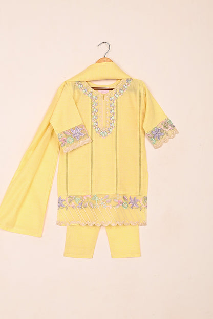 TKF-183-Yellow - Kids 3Pc Ready to Wear Paper Cotton Embroidered Formal Dress