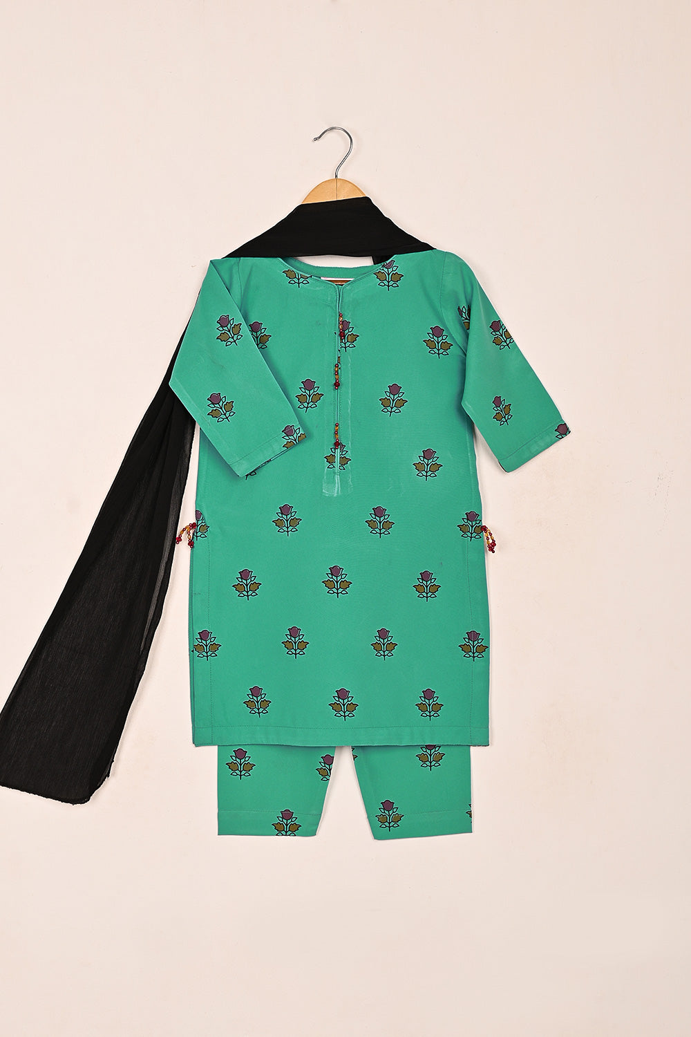 TKF-188-Sea Green - Kids 3Pc Ready to Wear Silk Printed Dress