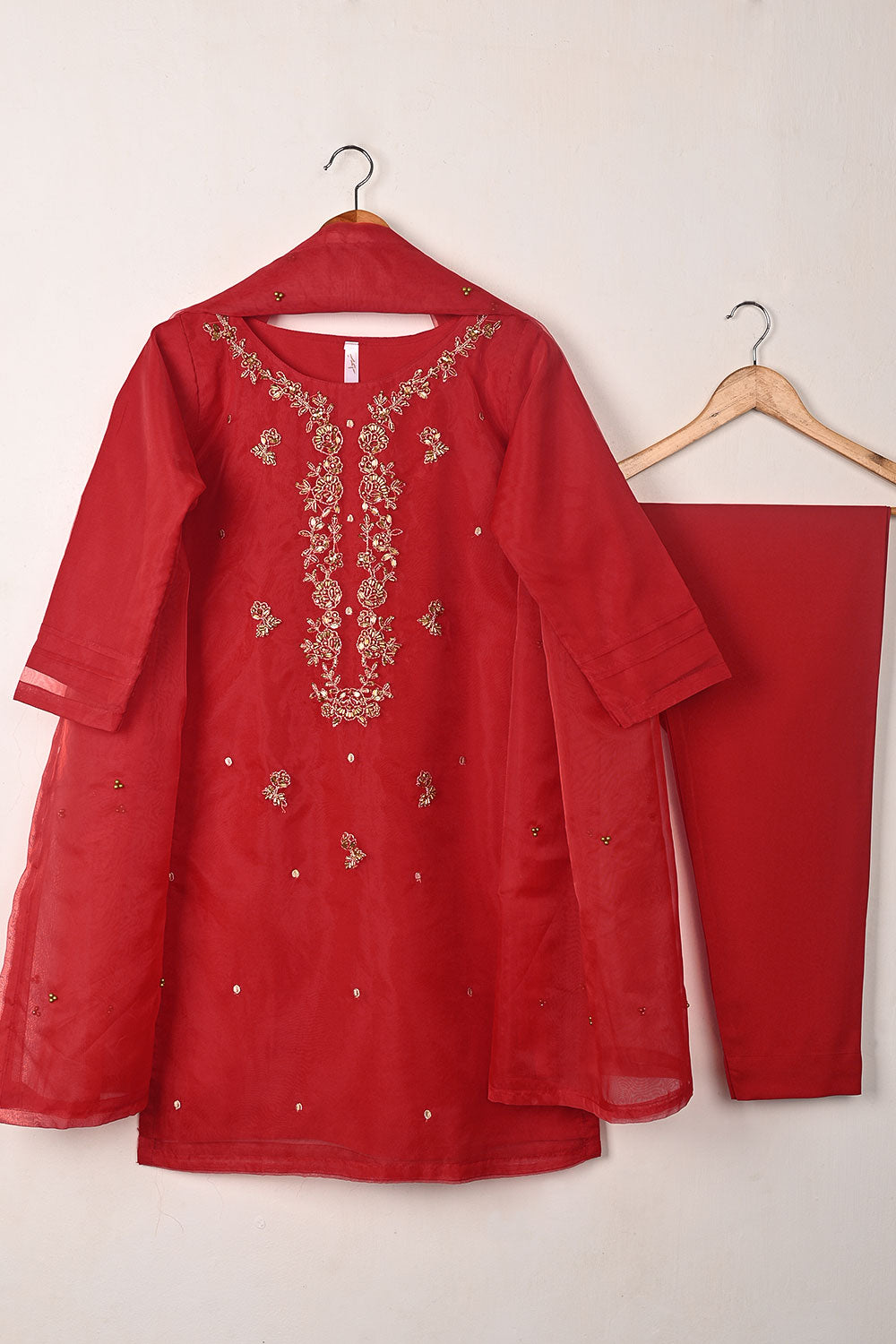 RTW-255-Red - 3Pc Ready to Wear Embroidered Premium Adda Work Organza Dress