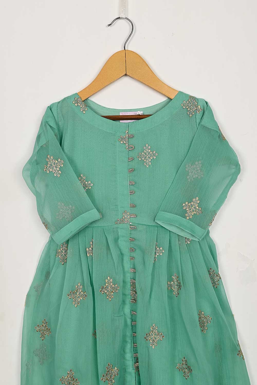 TKF-92-SeaGreen - Kids 3Pc Chiffon Embroidered Frock