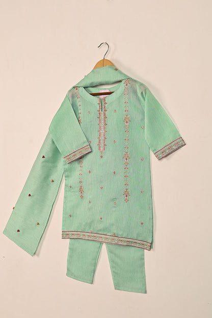 TKF-134-Sea Green - Kids 3Pc Ready to Wear Embroidered Slub Cotton Dress