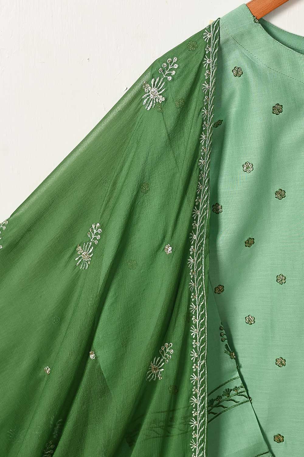 3SP-15A-Pista - 3PC COTTON EMBROIDERED Dress With Chiffon Embroidered Dupatta