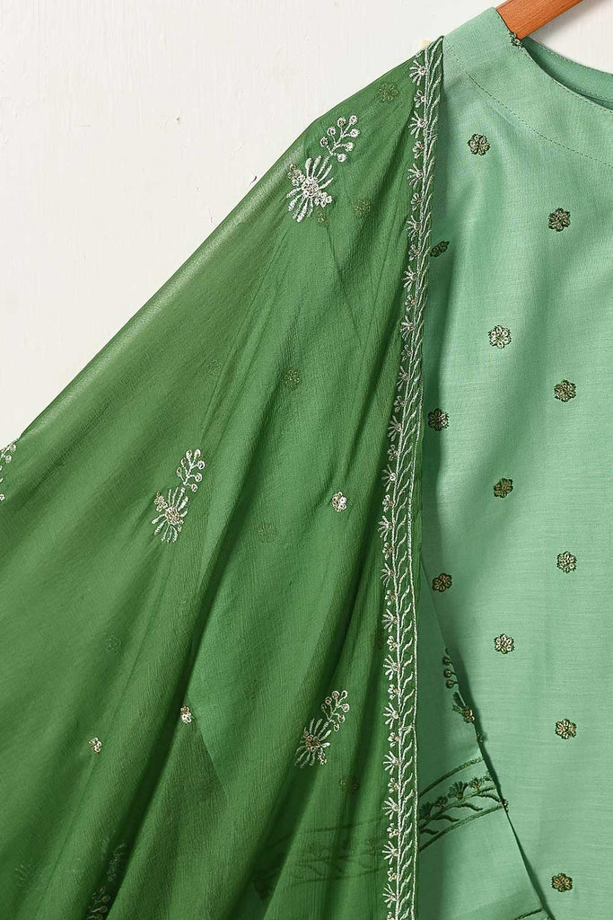 3SP-15A-Pista - 3PC COTTON EMBROIDERED Dress With Chiffon Embroidered Dupatta