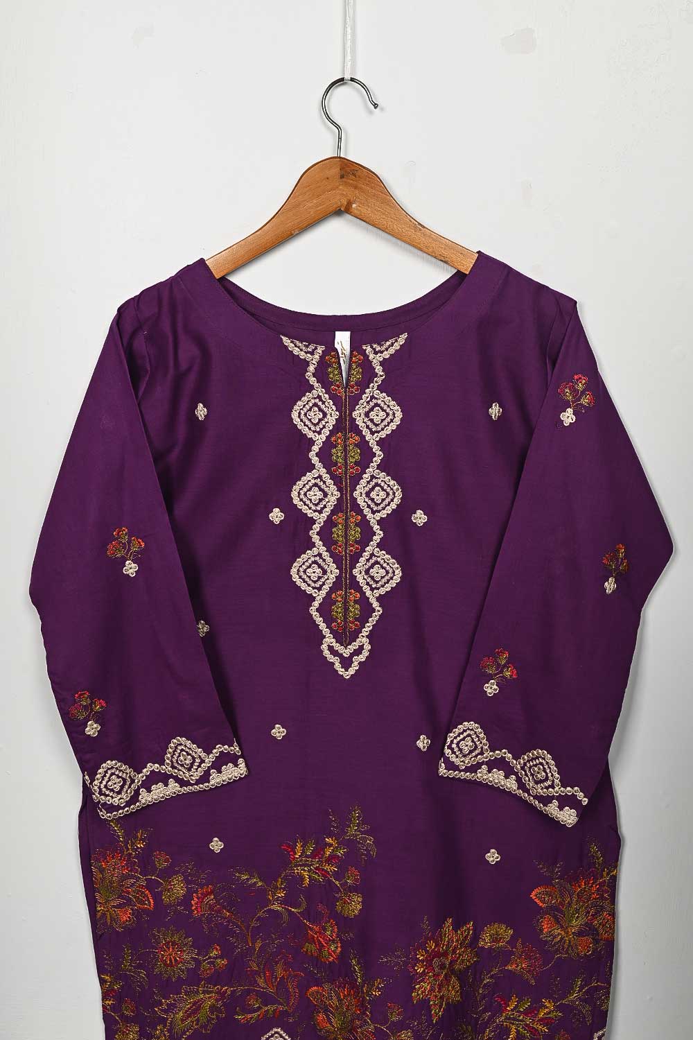 3SP-9B-Purple - 3PC COTTON EMBROIDERED Dress With Chiffon Embroidered Dupatta