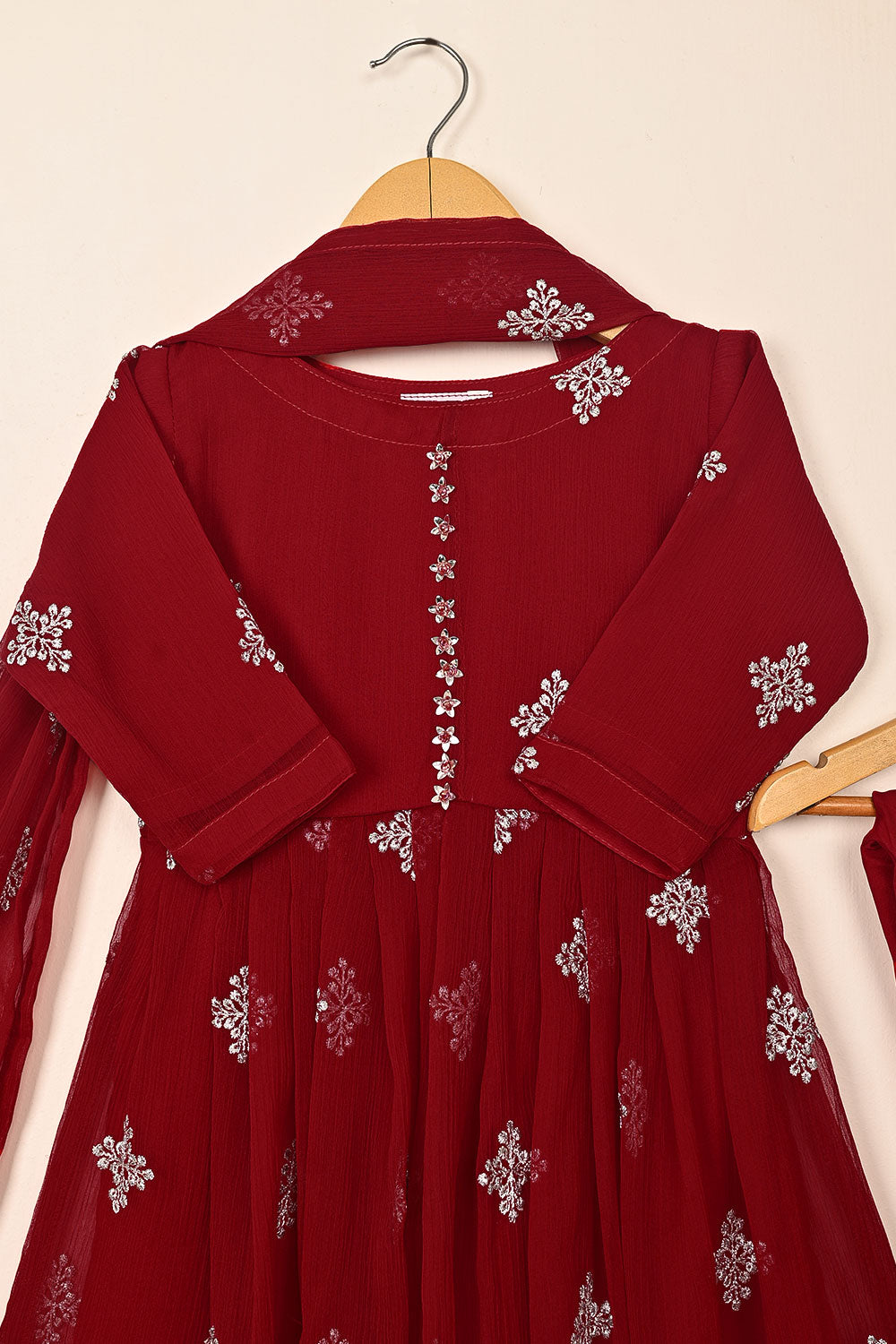 TKF-248-Red - Kids 3Pc Chiffon Embroidered Frock