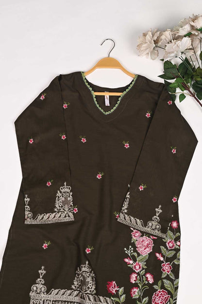 3SP-17B-Brown - 3PC COTTON EMBROIDERED Dress With Chiffon Embroidered Dupatta