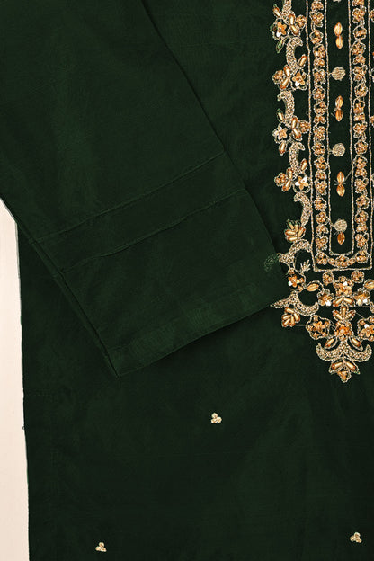 RTW-261-Bottle Green - 3Pc Ready to Wear Embroidered Premium Adda Work Organza Dress