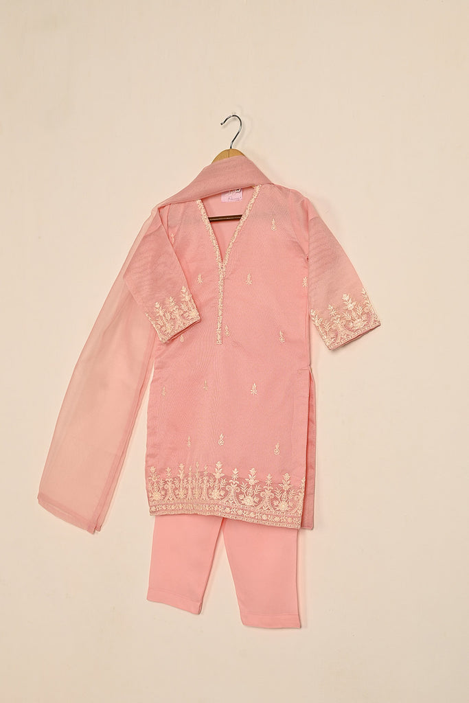 TKF-126-Peachy Pink - Kids 3Pc Javeria Net Embroidered Formal Dress