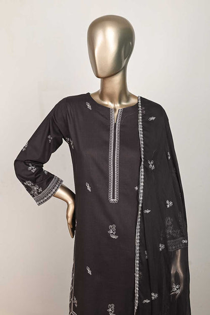 3SP-19B-GreyishPurple - 3PC COTTON EMBROIDERED Dress With Chiffon Embroidered Dupatta