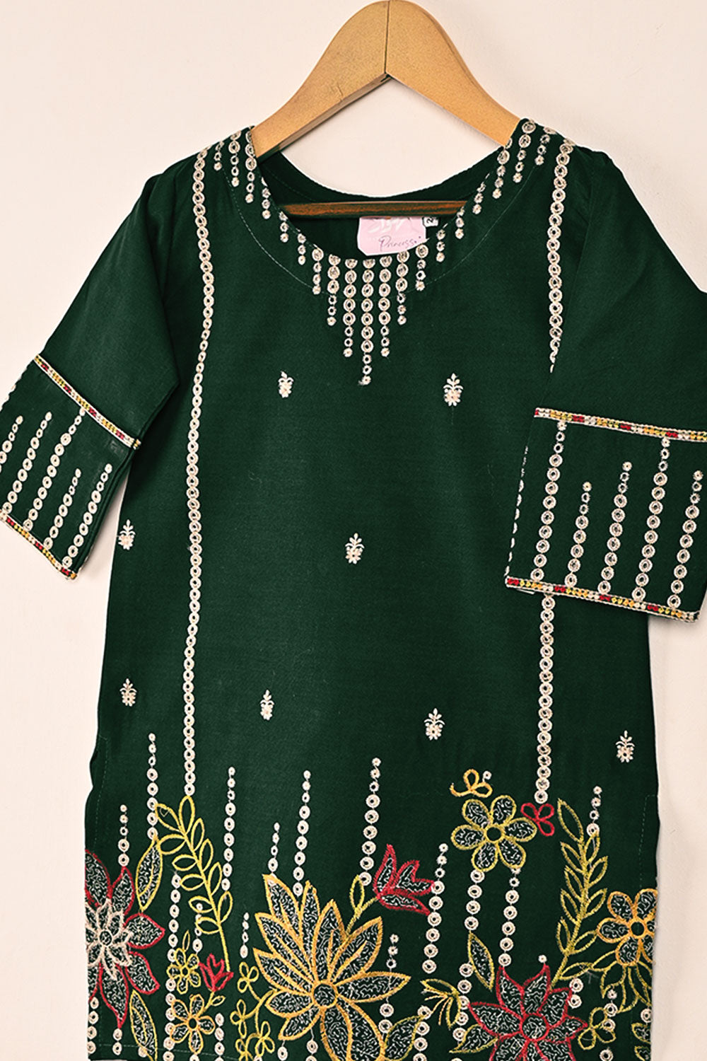 TKF-128-Green-Kids 2Pc Cambric Embroidered Dress