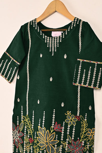 TKF-128-Green-Kids 2Pc Cambric Embroidered Dress